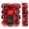 Kerstversiering set - rood - kerstballen 6 cm en slinger - kunststof - Kerstbal