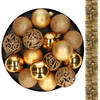 16x stuks kunststof kerstballen 6 cm incl. 2x st. kerstslingers goud - Kerstbal