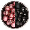 Kerstversiering kunststof kerstballen mix zwart/oud roze 6-8-10 cm pakket van 44x stuks - Kerstbal