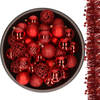37x stuks kunststof kerstballen 6 cm met 2x stuks slingers rood - Kerstbal