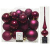 Kerstversiering kunststof kerstballen met piek framboos roze 6-8-10 cm pakket van 27x stuks - Kerstbal