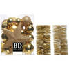 Kerstversiering kerstballen 5-6-8 cm met ster piek en folieslingers pakket goud van 35x stuks - Kerstbal