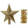 Kerstversiering kunststof glitter ster piek 19 cm en sterren folieslingers pakket goud van 3x stuks - kerstboompieken