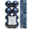 Decoris kerstballen en kerstslinger 17x stuks donkerblauw kunststof - Kerstbal