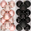 24x stuks kunststof kerstballen zwart en lichtroze 6 cm - Kerstbal