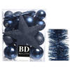 Kerstversiering kerstballen 5-6-8 cm met ster piek en folieslingers pakket donkerblauw van 35x stuks - Kerstbal