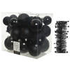 Kerstversiering kunststof kerstballen 6-8-10 cm met sterren folieslingers pakket zwart van 28x stuks - Kerstbal