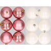 12x stuks kunststof kerstballen mix van oudroze en winter wit 8 cm - Kerstbal