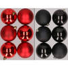 12x stuks kunststof kerstballen mix van rood en zwart 8 cm - Kerstbal
