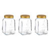 Voorraadpot/bewaarpot Square - 3x - glas - 1L - transparant/goud - D10 x H17 cm - voedsel - Voorraadpot