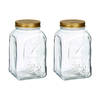 Pasabahce Voorraadpot/bewaarpot Square - 2x - glas - 1,5L - transparant/goud - D10 x H19 cm - voedsel bewaren - Voorraad