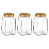 Pasabahce Voorraadpot/bewaarpot Square - 3x - glas - 1,5L - transparant/goud - D10 x H19 cm - voedsel bewaren - Voorraad