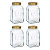 Pasabahce Voorraadpot/bewaarpot Square - 4x - glas - 1,5L - transparant/goud - D10 x H19 cm - voedsel bewaren - Voorraad