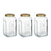 Pasabahce Voorraadpot/bewaarpot Square - 3x - glas - 3L - transparant/goud - D13 x H25 cm - voedsel bewaren - Voorraadpo