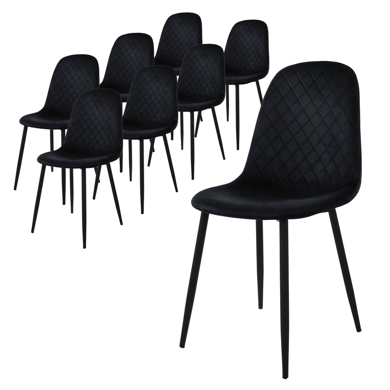 ML-Design eetkamerstoelen set van 8, zwart, keukenstoel met fluwelen bekleding, woonkamerstoel met rugleuning, gestoffeerde stoel met metalen poten, ergonomische stoel voor eettafe