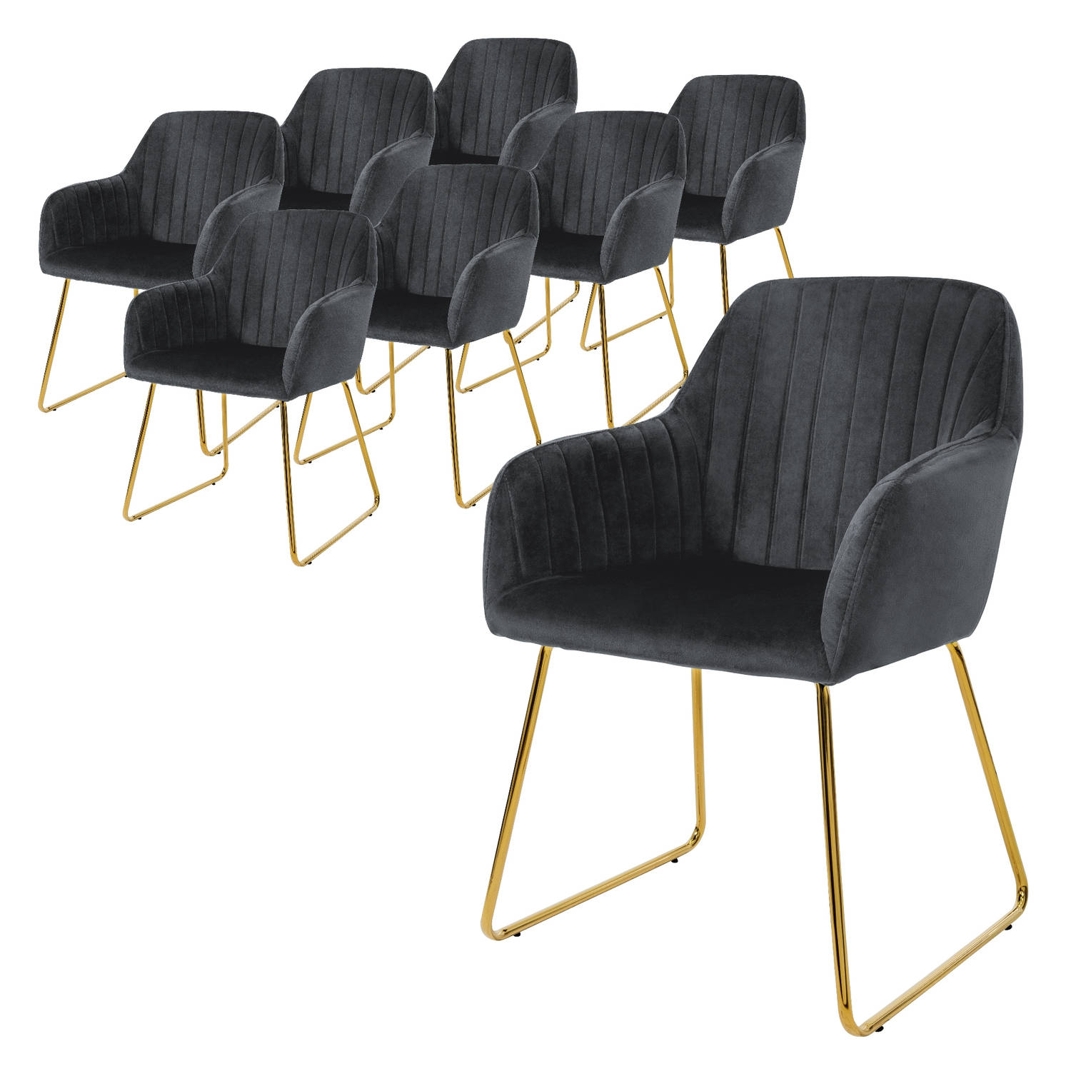 ML-Design eetkamerstoelen set van 8, fluwelen zitting, grijs, woonkamerstoel met rugleuning en armleuningen, keukenstoel met gouden poten, gestoffeerde stoel met metalen frame, erg