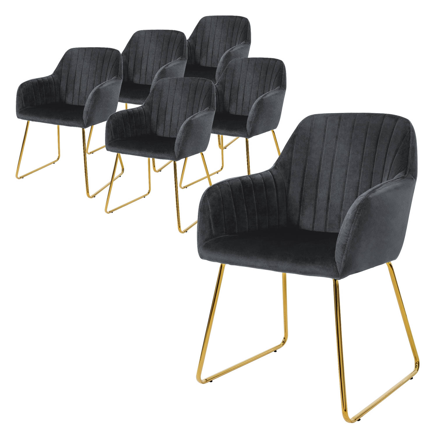 ML-Design eetkamerstoelen set van 6, fluwelen zitting, grijs, woonkamerstoel met rugleuning en armleuningen, keukenstoel met gouden poten, gestoffeerde stoel met metalen frame, erg