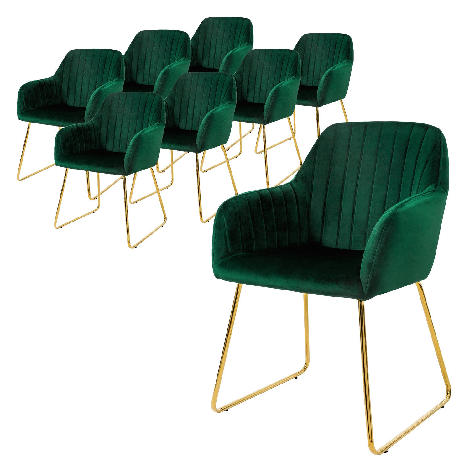 ML-Design eetkamerstoelen set van 8, fluwelen zitting, groen, woonkamerstoel met rugleuning en armleuningen, keukenstoel met gouden poten, gestoffeerde stoel met metalen frame, erg