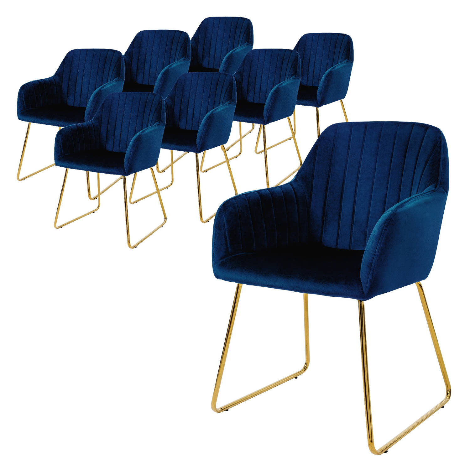 ML-Design eetkamerstoelen set van 8, fluwelen zitting, blauw, woonkamerstoel met rugleuning en armleuningen, keukenstoel met gouden poten, gestoffeerde stoel met metalen frame, erg
