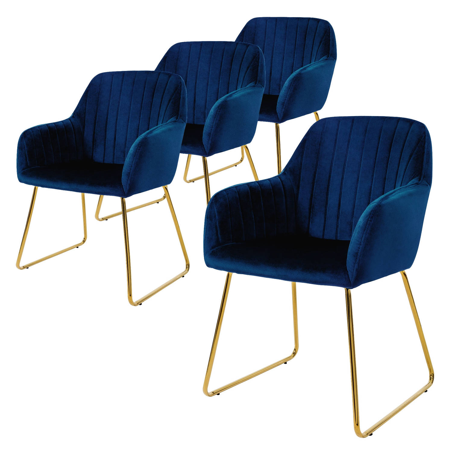 ML-Design eetkamerstoelen set van 4, fluwelen zitting, blauw, woonkamerstoel met rugleuning en armleuningen, keukenstoel met gouden poten, gestoffeerde stoel met metalen frame, erg