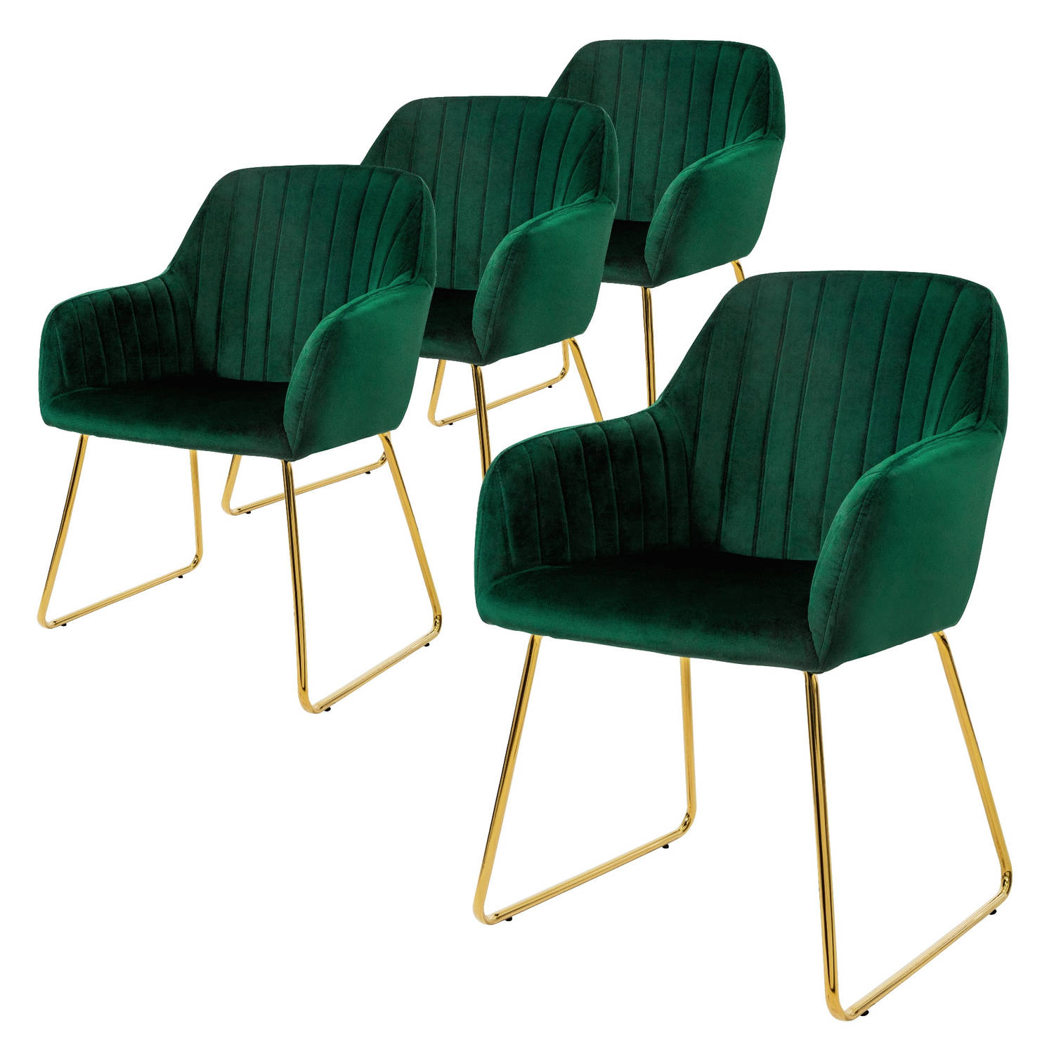 ML-Design eetkamerstoelen set van 4, fluwelen zitting, groen, woonkamerstoel met rugleuning en armleuningen, keukenstoel met gouden poten, gestoffeerde stoel met metalen frame, erg