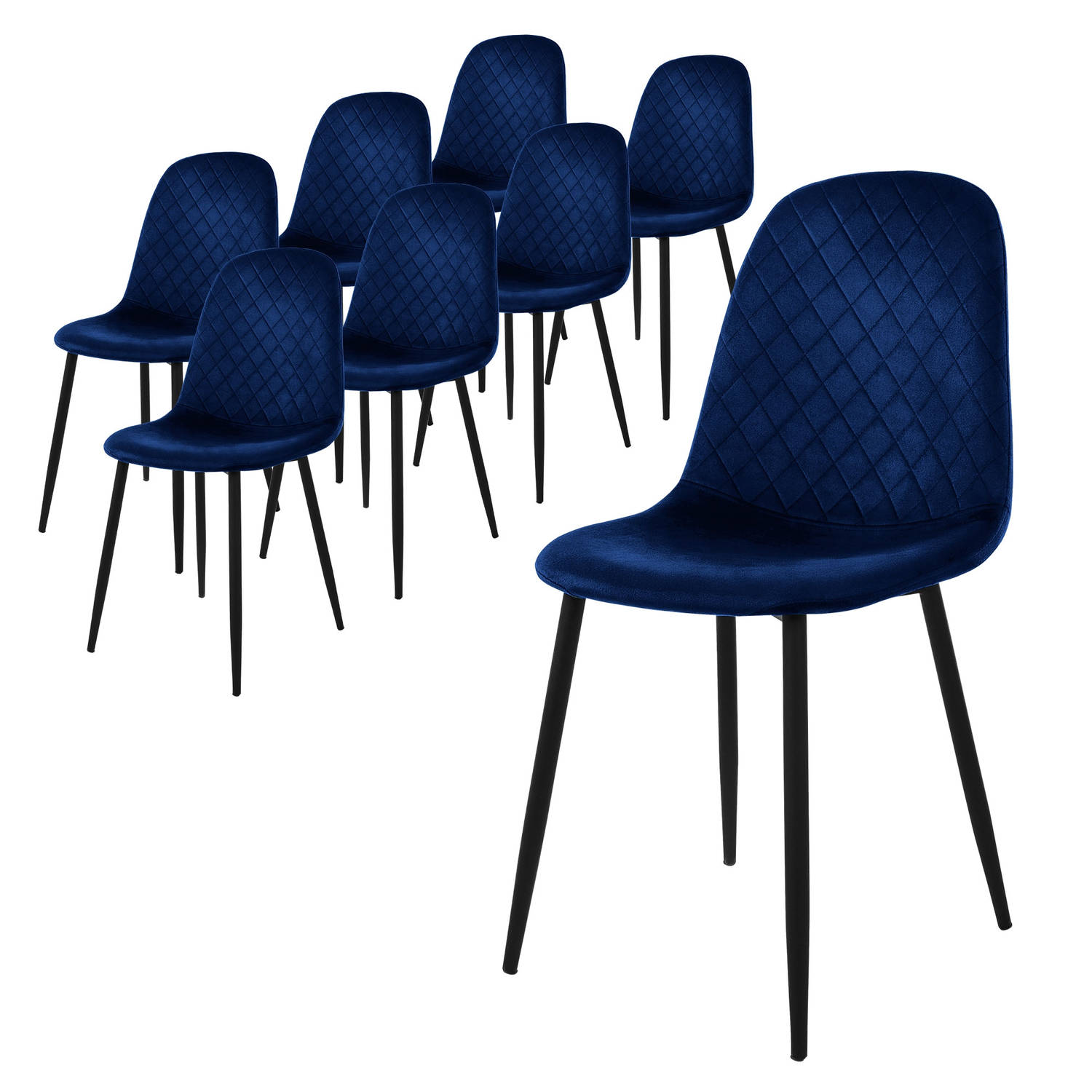 ML-Design eetkamerstoelen set van 8, donkerblauw, keukenstoel met fluwelen bekleding, woonkamerstoel met rugleuning, gestoffeerde stoel met metalen poten, ergonomische stoel voor e