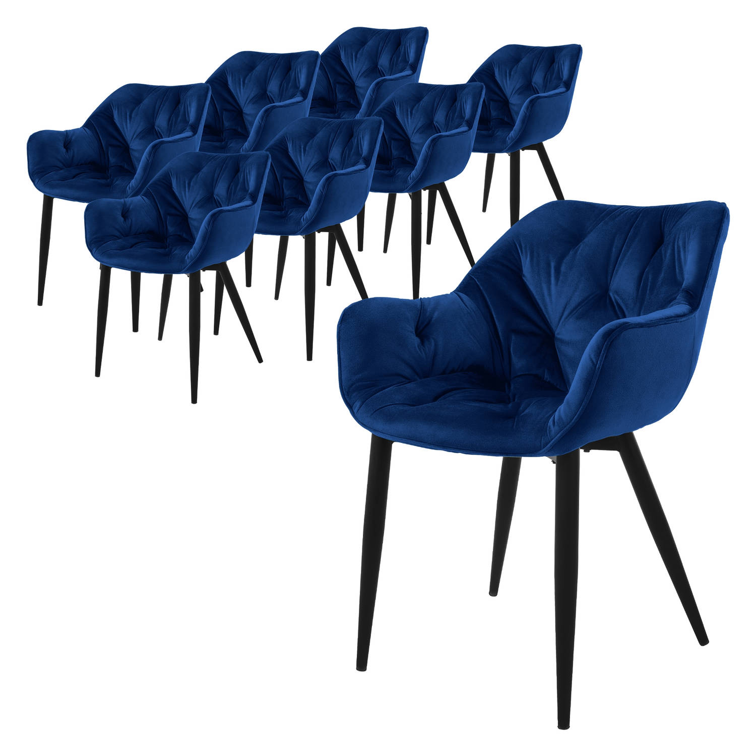 ML-Design eetkamerstoelen set van 8 donkerblauw, keukenstoel met dikke fluwelen gestoffeerde zitting, metalen poten, woonkamerstoel met rugleuning en armleuningen, gewatteerde gest