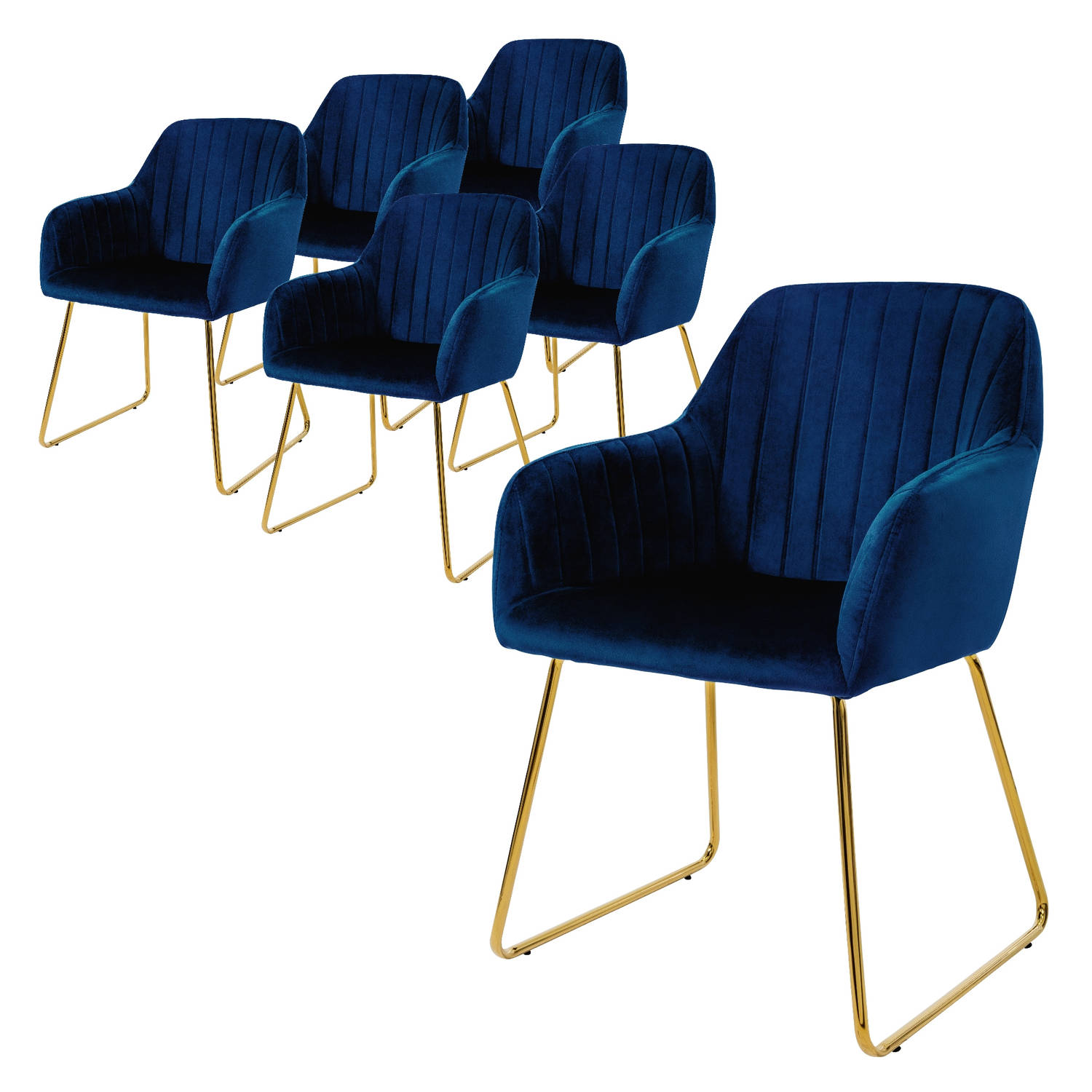 ML-Design eetkamerstoelen set van 6, fluwelen zitting, blauw, woonkamerstoel met rugleuning en armle