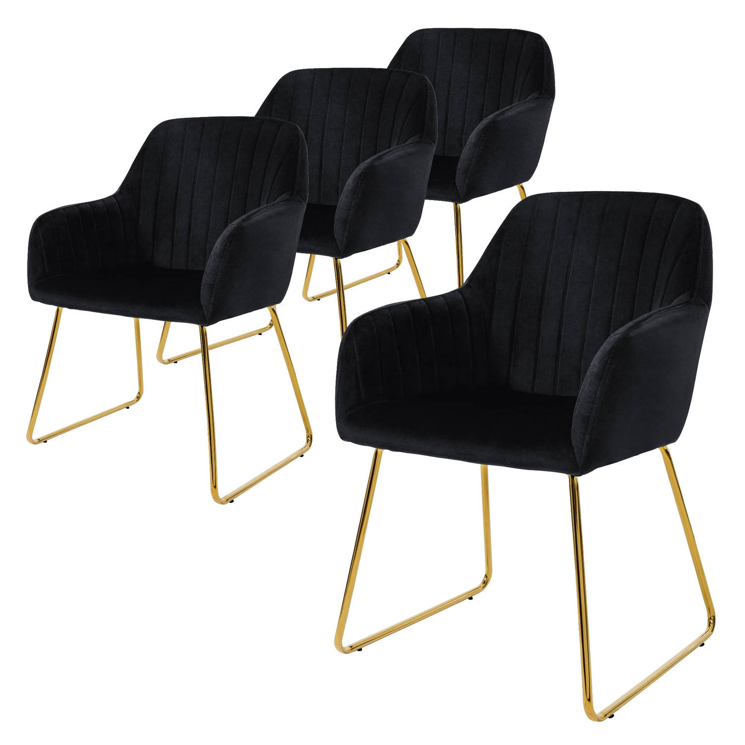 ML-Design eetkamerstoelen set van 4, fluwelen zitting, zwart, woonkamerstoel met rugleuning en armleuningen, keukenstoel met gouden poten, gestoffeerde stoel met metalen frame, erg