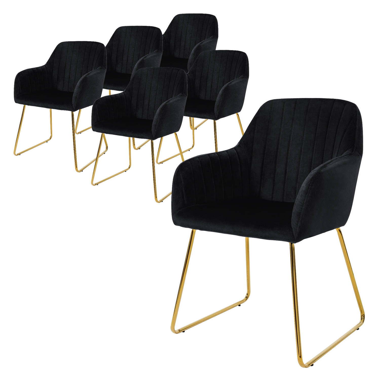 ML-Design eetkamerstoelen set van 6, fluwelen zitting, zwart, woonkamerstoel met rugleuning en armleuningen, keukenstoel met gouden poten, gestoffeerde stoel met metalen frame, erg