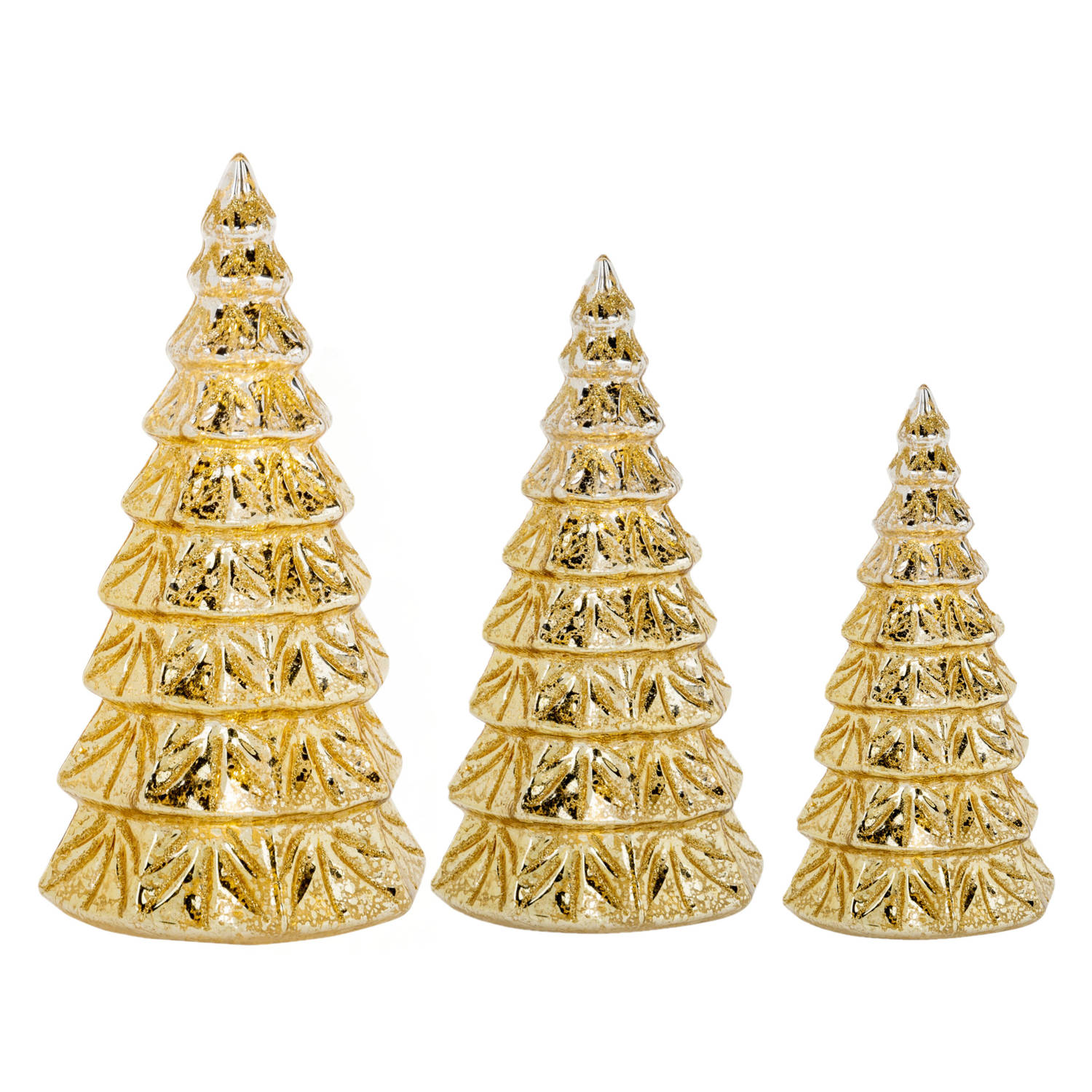 3x stuks led kaarsen kerstboom kaarsen goud H15 cm, H19 cm en H23 cm LED kaarsen