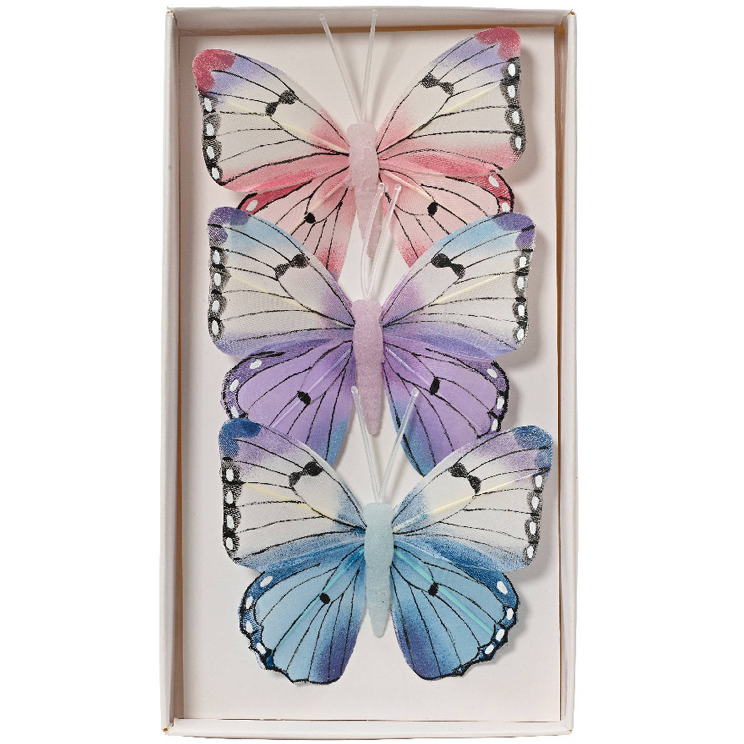 Decoris decoratie vlinders op clip - 3x - ijsblauw - 12 x 8 cm - hobbydecoratieobject