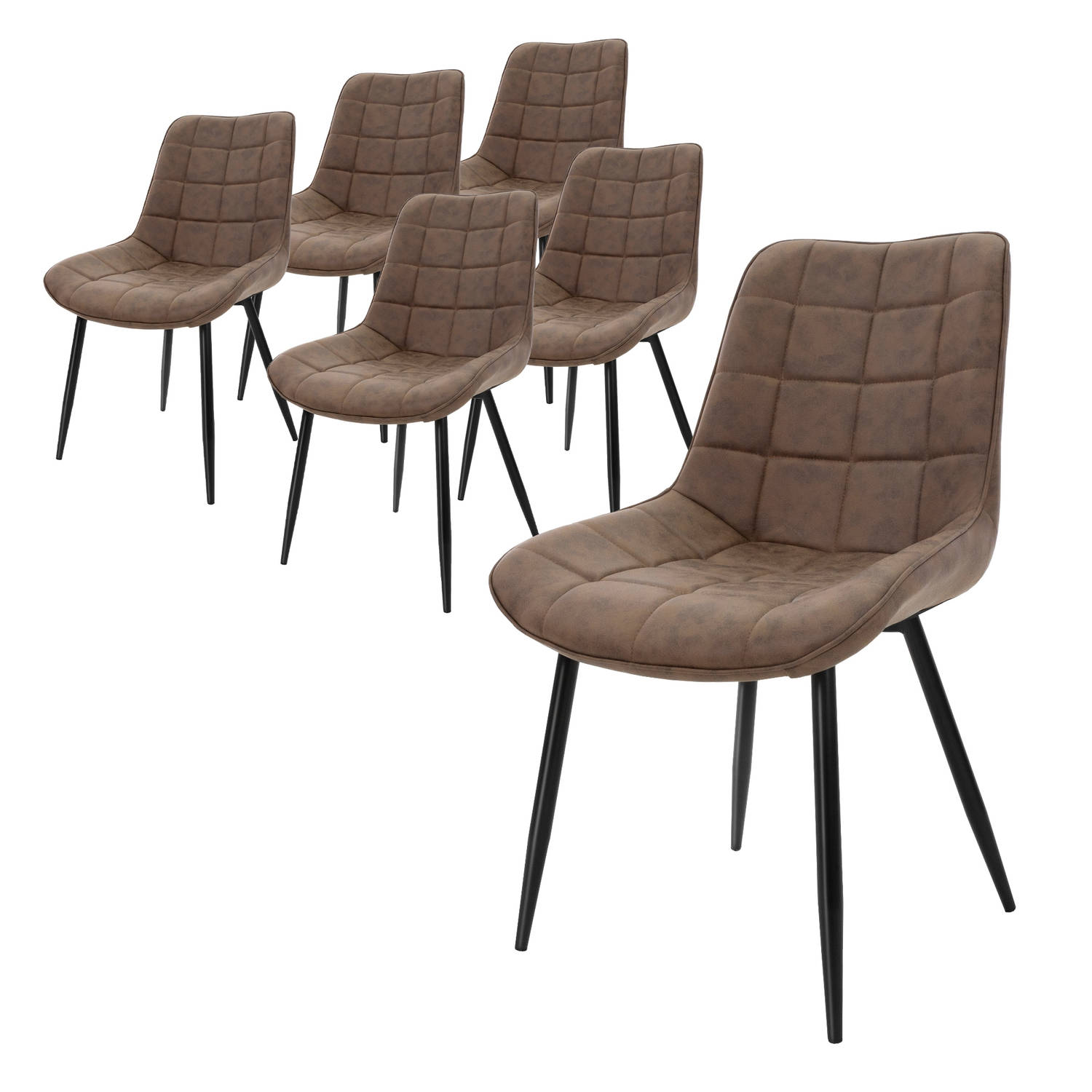 ML-Design Set van 6 eetkamerstoelen met rugleuning, bruin, keukenstoel met kunstleren bekleding, gestoffeerde stoel met metalen poten, ergonomische eettafelstoel, woonkamerstoel ke