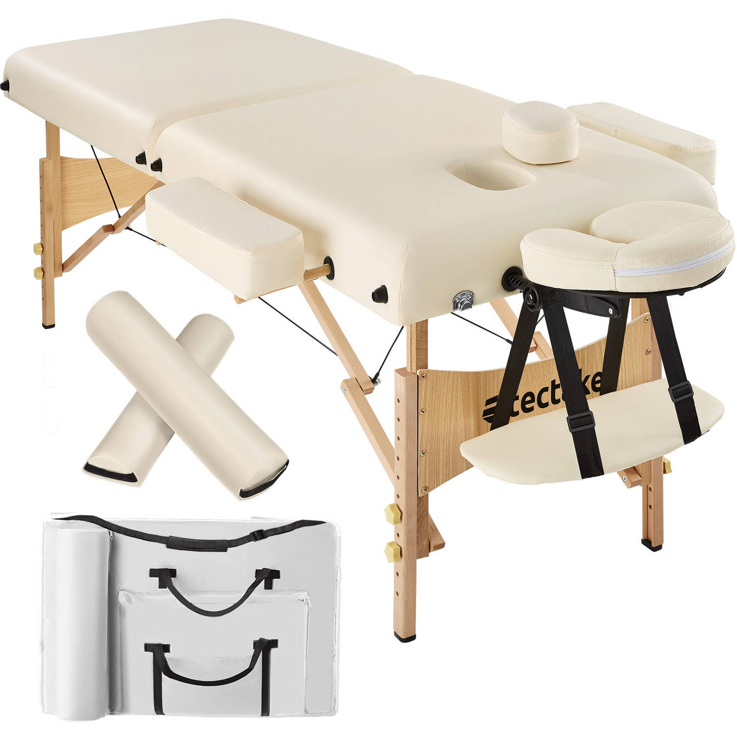 tectake® Massagetafel met matras van 7,5 cm hoog + beige rolkussens en draagtas 400420