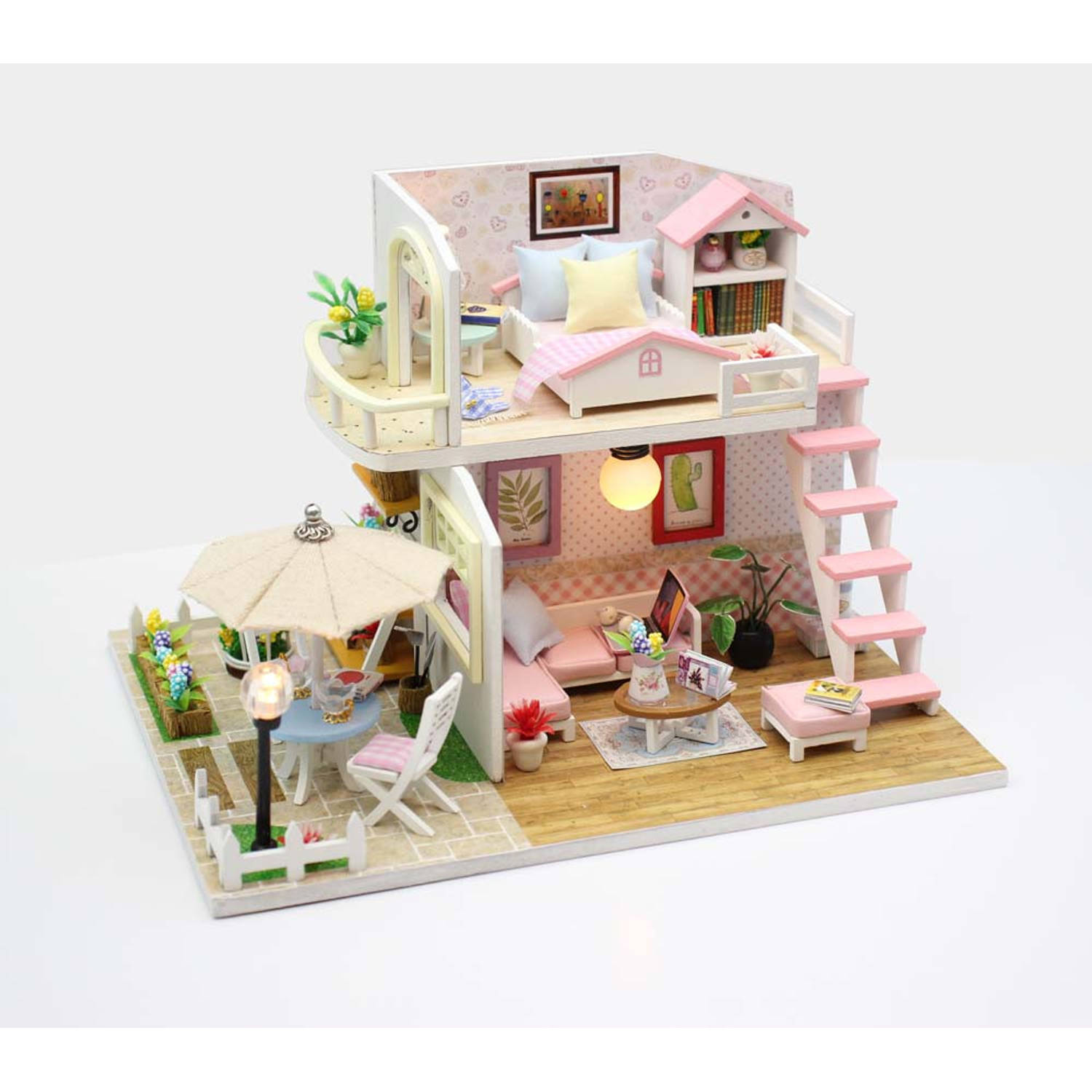 Ikonka DIY Modelbouw Poppenhuis Twee Verdiepingen LED 19,5 cm Pink Loft Miniatuurhuisje Bouwpakket