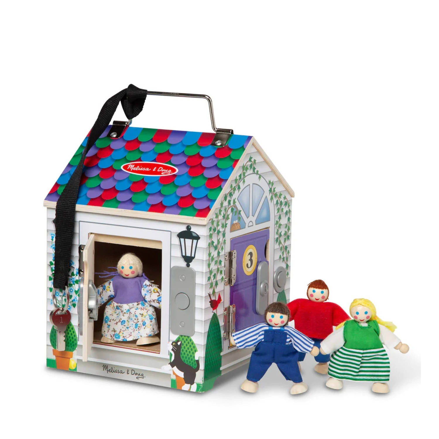 Melissa & Doug Draagbaar houten deurbel-poppenhuis Met deurbelgeluiden, sleutels | 4 houten poppen | Fantasiespel Speelgoed | Geweldig cadeau voor meisjes en jongens | Van 3 jaar
