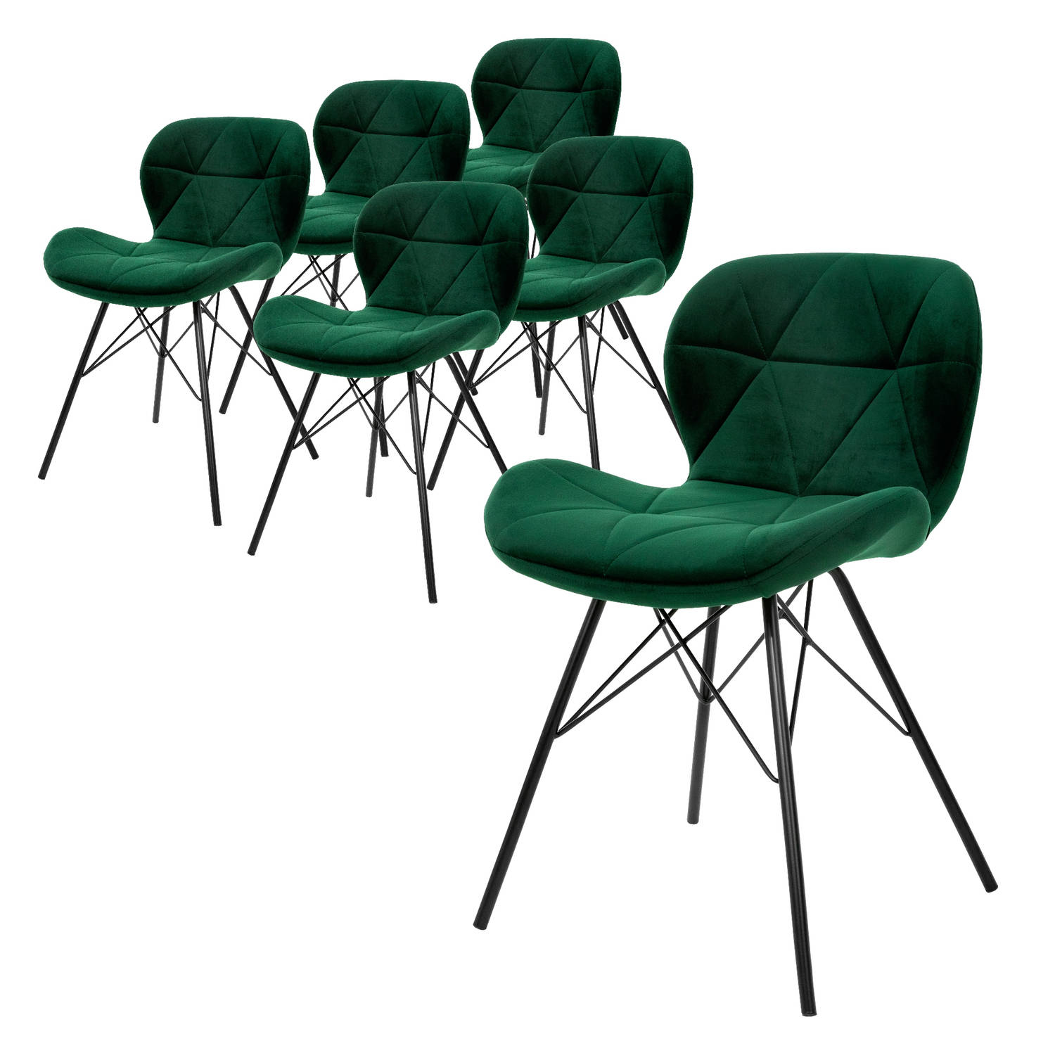 ML-Design Set van 6 eetkamerstoelen met rugleuning, donkergroen, keukenstoel met fluwelen bekleding en metalen poten, ergonomische stoel voor eettafel, woonkamerstoel keukenstoelen
