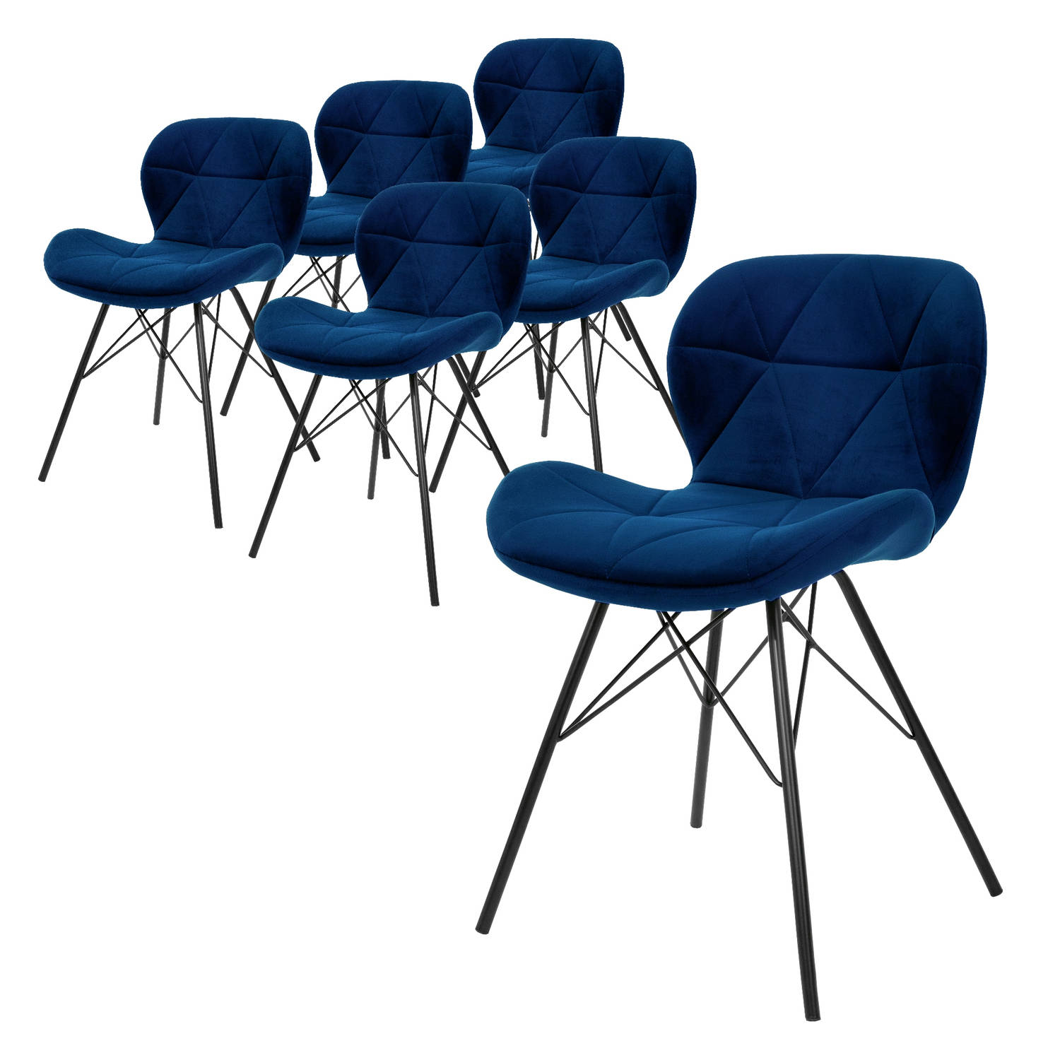 ML-Design set van 6 eetkamerstoelen met rugleuning, blauw, keukenstoel met fluwelen bekleding, gestoffeerde stoel met metalen poten, ergonomische stoel voor eettafel, woonkamerstoe