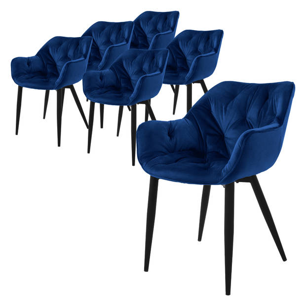 ML-Design eetkamerstoelen set van 6 donkerblauw, keukenstoel met dikke fluwelen gestoffeerde zitting, metalen poten,