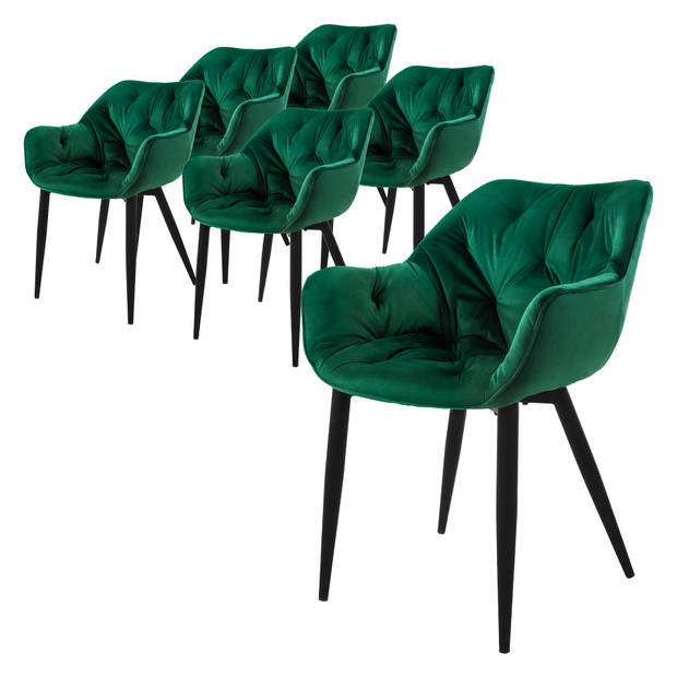 ML-Design Eetkamerstoelen set van 6 donkergroen, keukenstoel met dik fluweel gestoffeerde zitting, metalen poten,