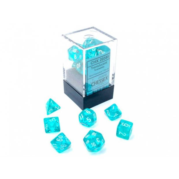 Chessex Doorschijnende Mini-Polyhedral Teal/wit Dobbelsteen Set (7 stuks)