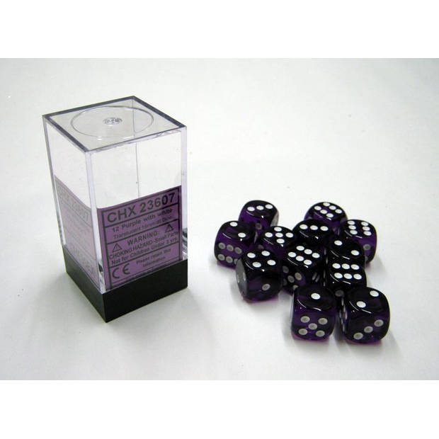 Chessex Doorschijnend Paars/wit D6 16mm Dobbelsteenset (12 stuks)