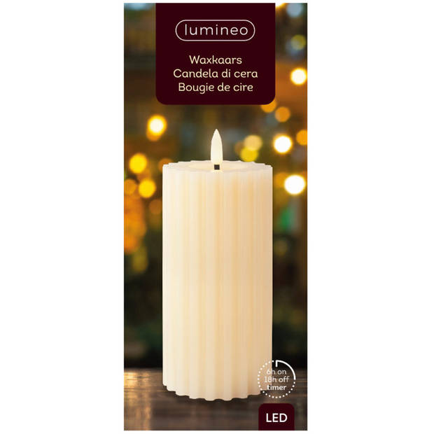 Lumineo LED kaars/stompkaars - creme wit ribbel- D7,5 x H17 cm - timer - LED kaarsen