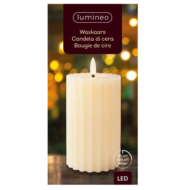 Lumineo LED kaars/stompkaars - creme wit ribbel- D7,5 x H15 cm - timer - LED kaarsen