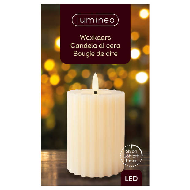 Lumineo LED kaars/stompkaars - creme wit ribbel- D7,5 x H12 cm - timer - LED kaarsen