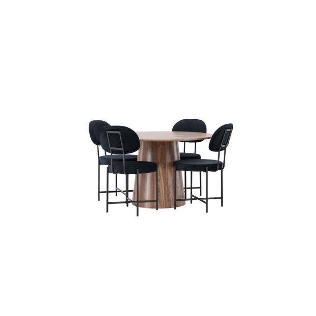 Lanzo eethoek tafel naturel en 4 Stella stoelen zwart.