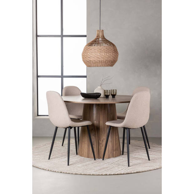 Lanzo eethoek tafel naturel en 4 Polar stoelen beige.