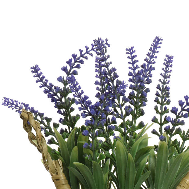 Everlands Lavendel kunstplant in rieten mand - lila paars - D16 x H27 cm - Kunstplanten