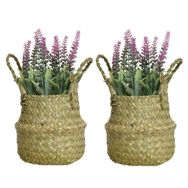 Everlands Lavendel kunstplant in rieten mand - 2x - lichtroze - D16 x H27 cm - Kunstplanten