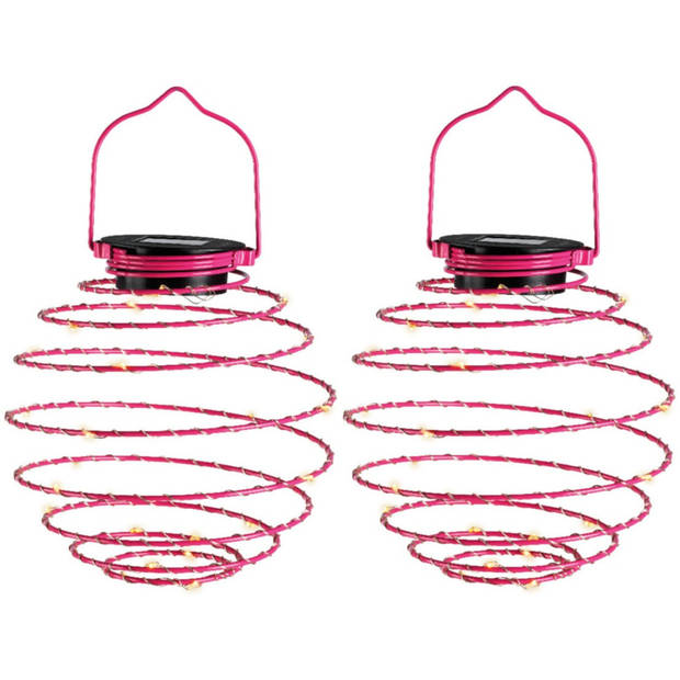 Lumineo Hanglamp - 2x - solar verlichting - fuchsia roze - D16 cm - metaal - tuinverlichting - Buitenverlichting